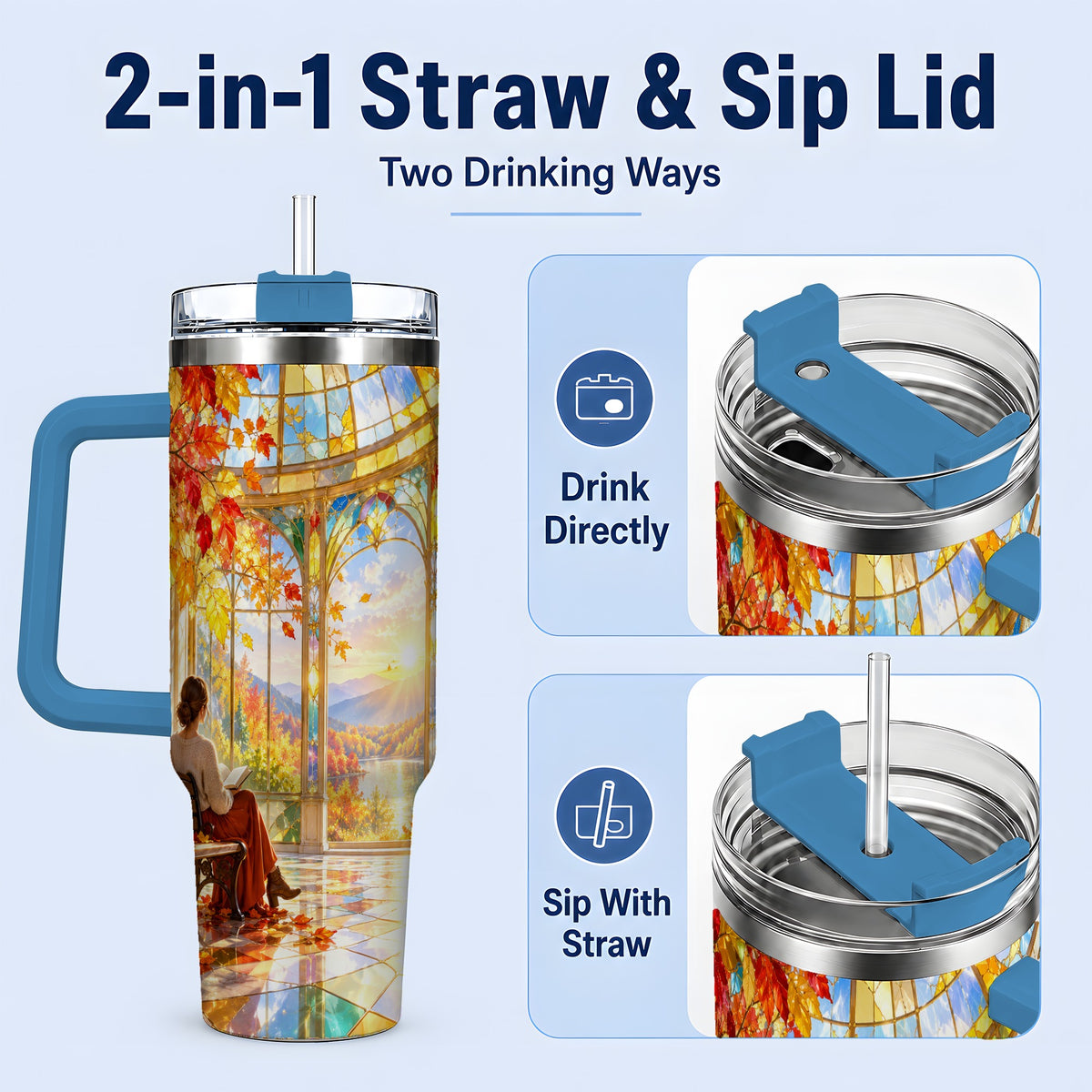 #pl[40oz|Blue] Autumn Reading Scene 40oz Tumbler, Stainless Steel Fall Drinkware