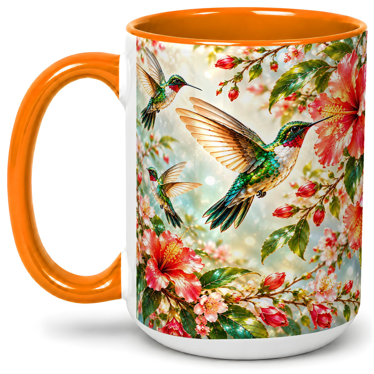 #pl[15oz|Orange] Hummingbird Hibiscus Floral Ceramic Mug for Bird Lovers