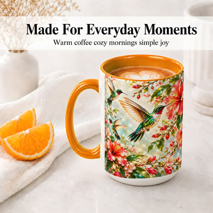 #pl[15oz|Orange] Hummingbird Hibiscus Floral Ceramic Mug for Bird Lovers