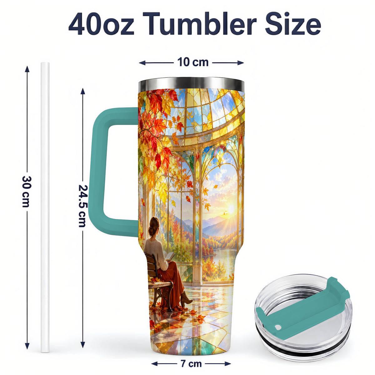 #pl[40oz|Green] Autumn Reading Scene 40oz Tumbler, Stainless Steel Fall Drinkware