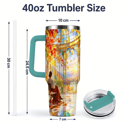 #pl[40oz|Green] Autumn Reading Scene 40oz Tumbler, Stainless Steel Fall Drinkware