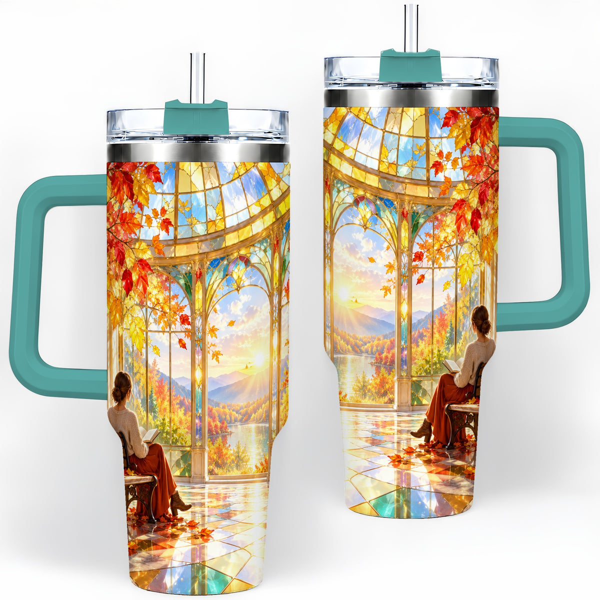 #pl[40oz|Green] Autumn Reading Scene 40oz Tumbler, Stainless Steel Fall Drinkware