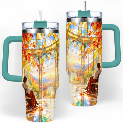 #pl[40oz|Green] Autumn Reading Scene 40oz Tumbler, Stainless Steel Fall Drinkware