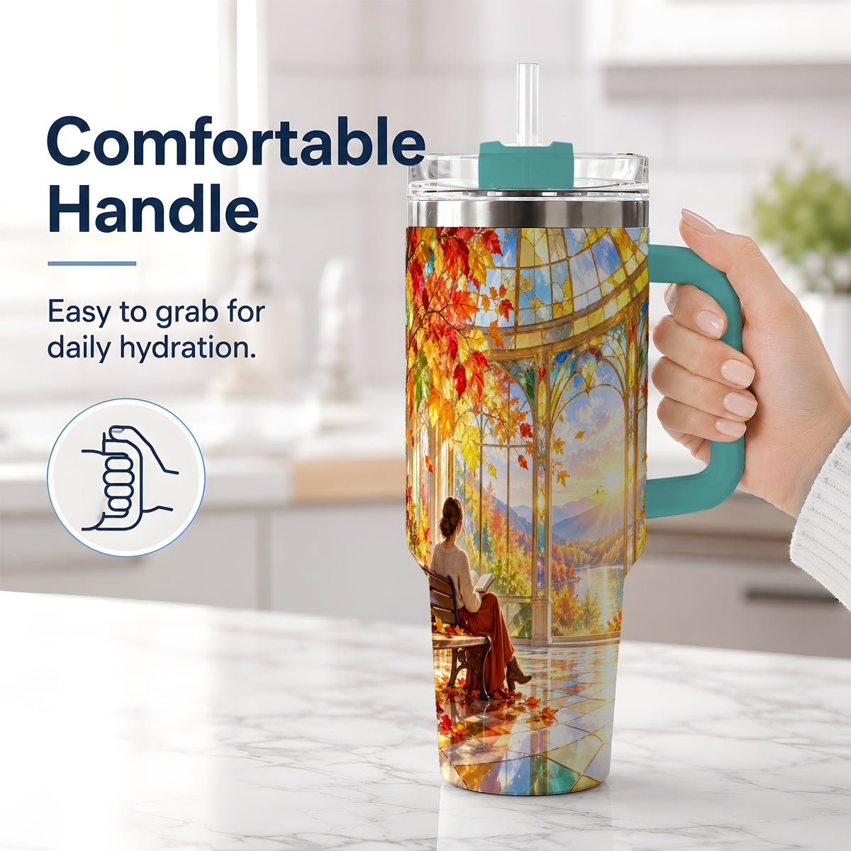 #pl[40oz|Green] Autumn Reading Scene 40oz Tumbler, Stainless Steel Fall Drinkware