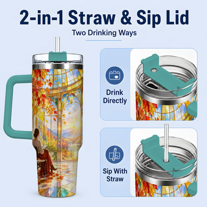#pl[40oz|Green] Autumn Reading Scene 40oz Tumbler, Stainless Steel Fall Drinkware
