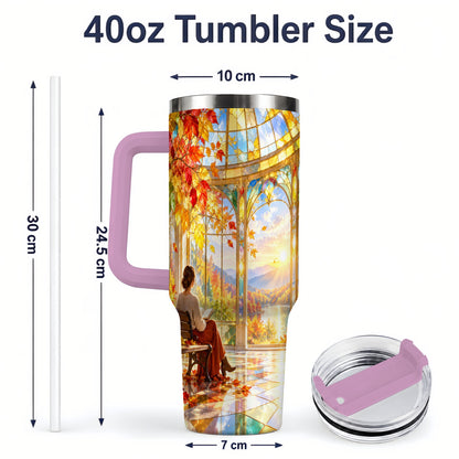 #pl[40oz|Pink] Autumn Reading Scene 40oz Tumbler, Stainless Steel Fall Drinkware