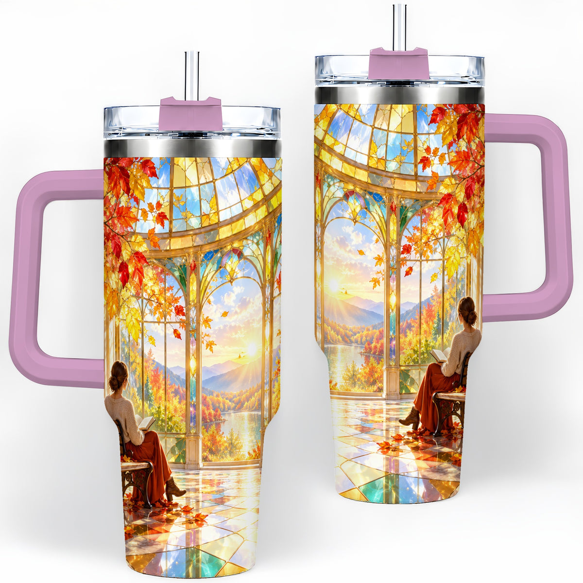 #pl[40oz|Pink] Autumn Reading Scene 40oz Tumbler, Stainless Steel Fall Drinkware