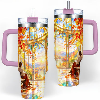 #pl[40oz|Pink] Autumn Reading Scene 40oz Tumbler, Stainless Steel Fall Drinkware