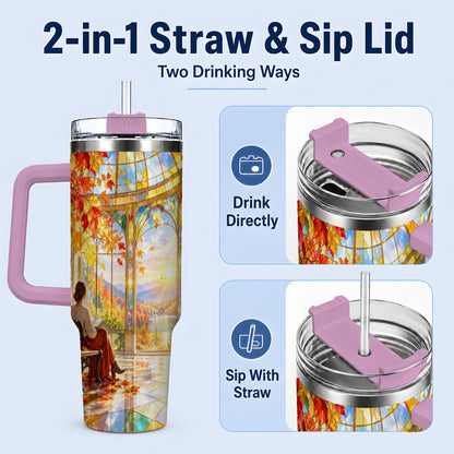 #pl[40oz|Pink] Autumn Reading Scene 40oz Tumbler, Stainless Steel Fall Drinkware