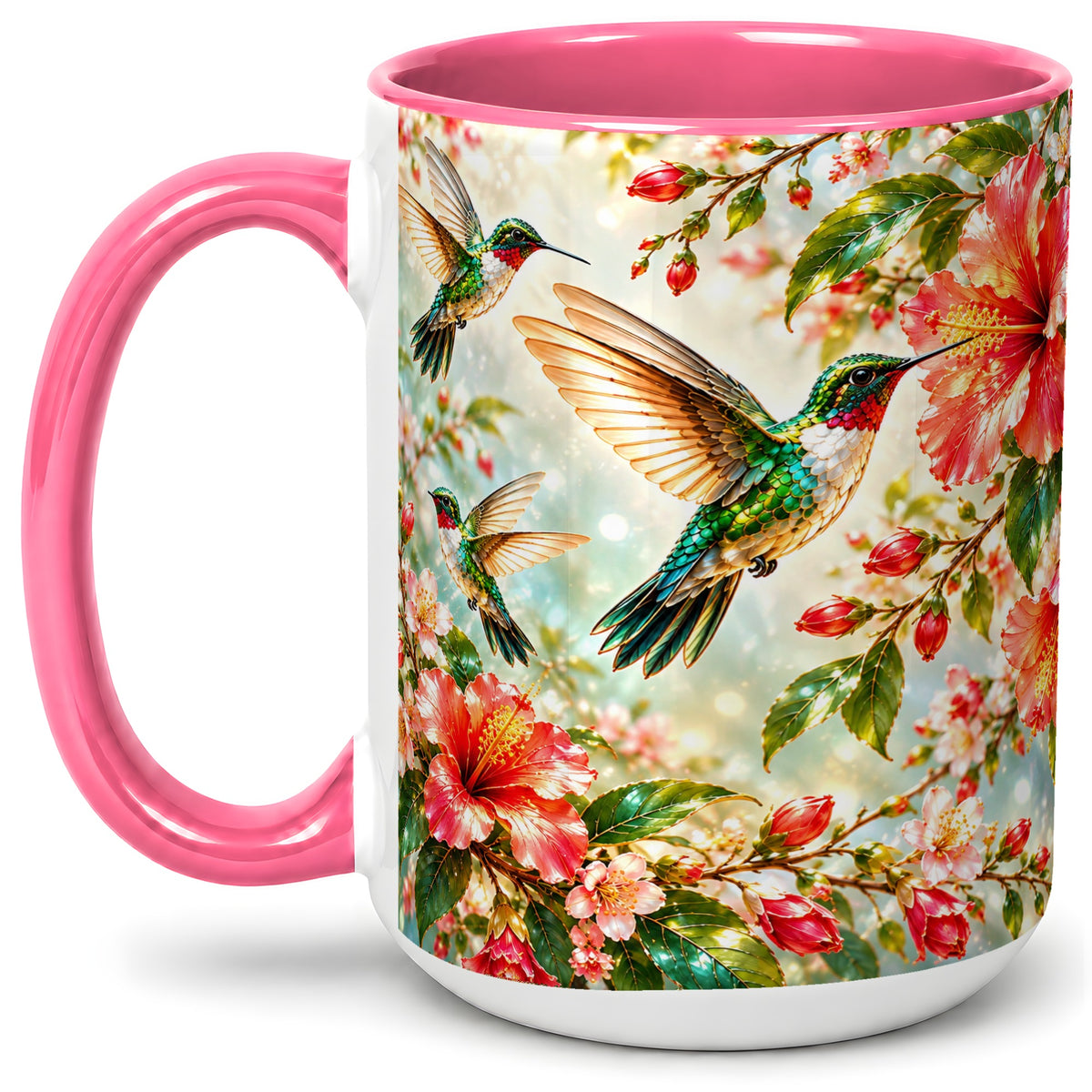 #pl[15oz|Pink] Hummingbird Hibiscus Floral Ceramic Mug for Bird Lovers