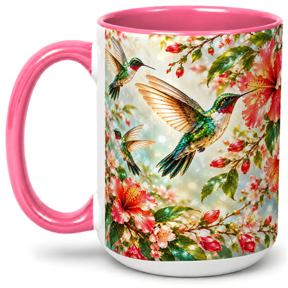 #pl[15oz|Pink] Hummingbird Hibiscus Floral Ceramic Mug for Bird Lovers