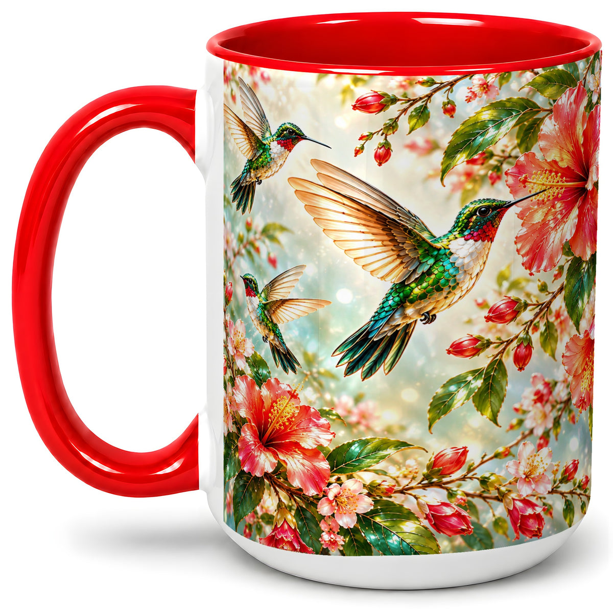 #pl[15oz|Red] Hummingbird Hibiscus Floral Ceramic Mug for Bird Lovers