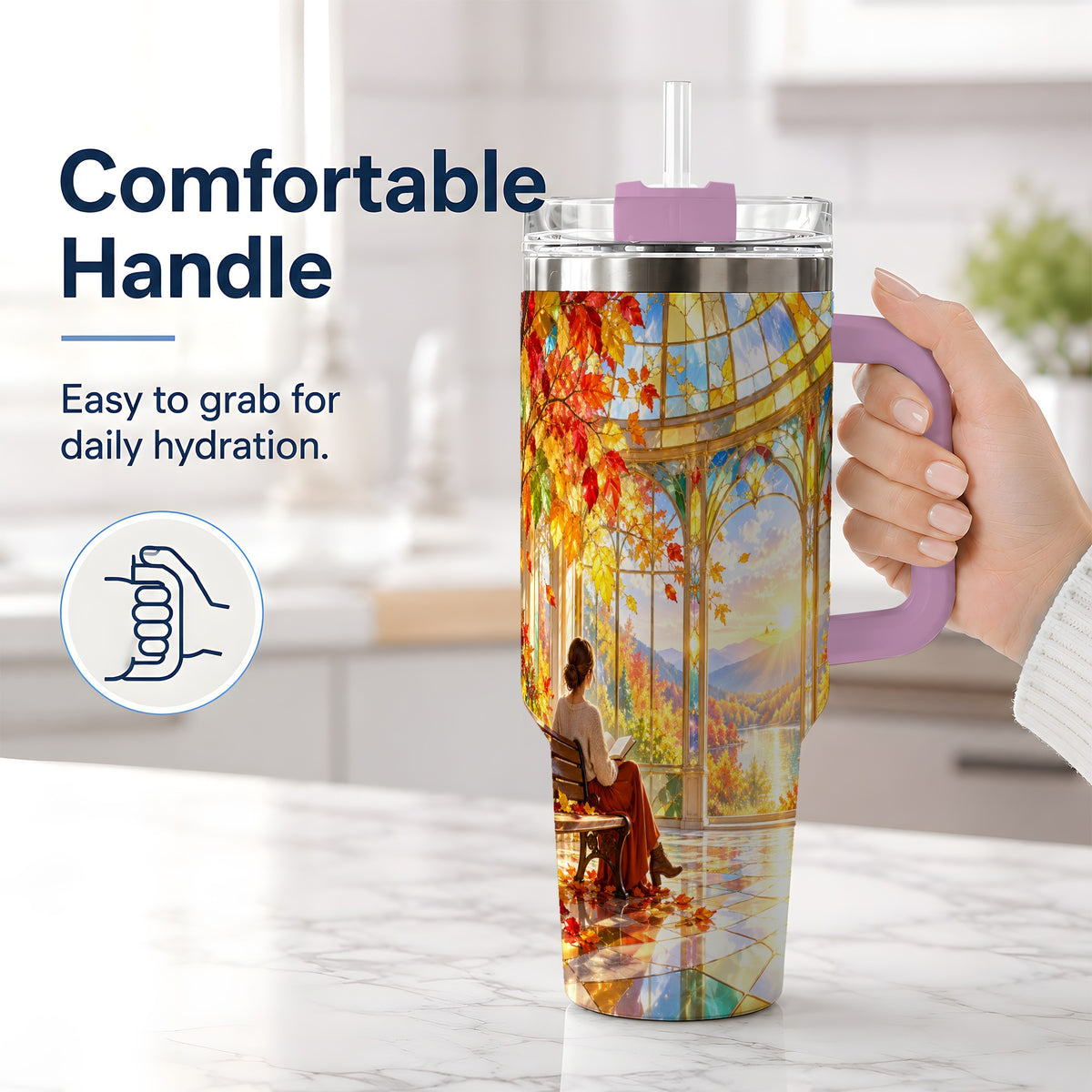 #pl[40oz|Pink] Autumn Reading Scene 40oz Tumbler, Stainless Steel Fall Drinkware