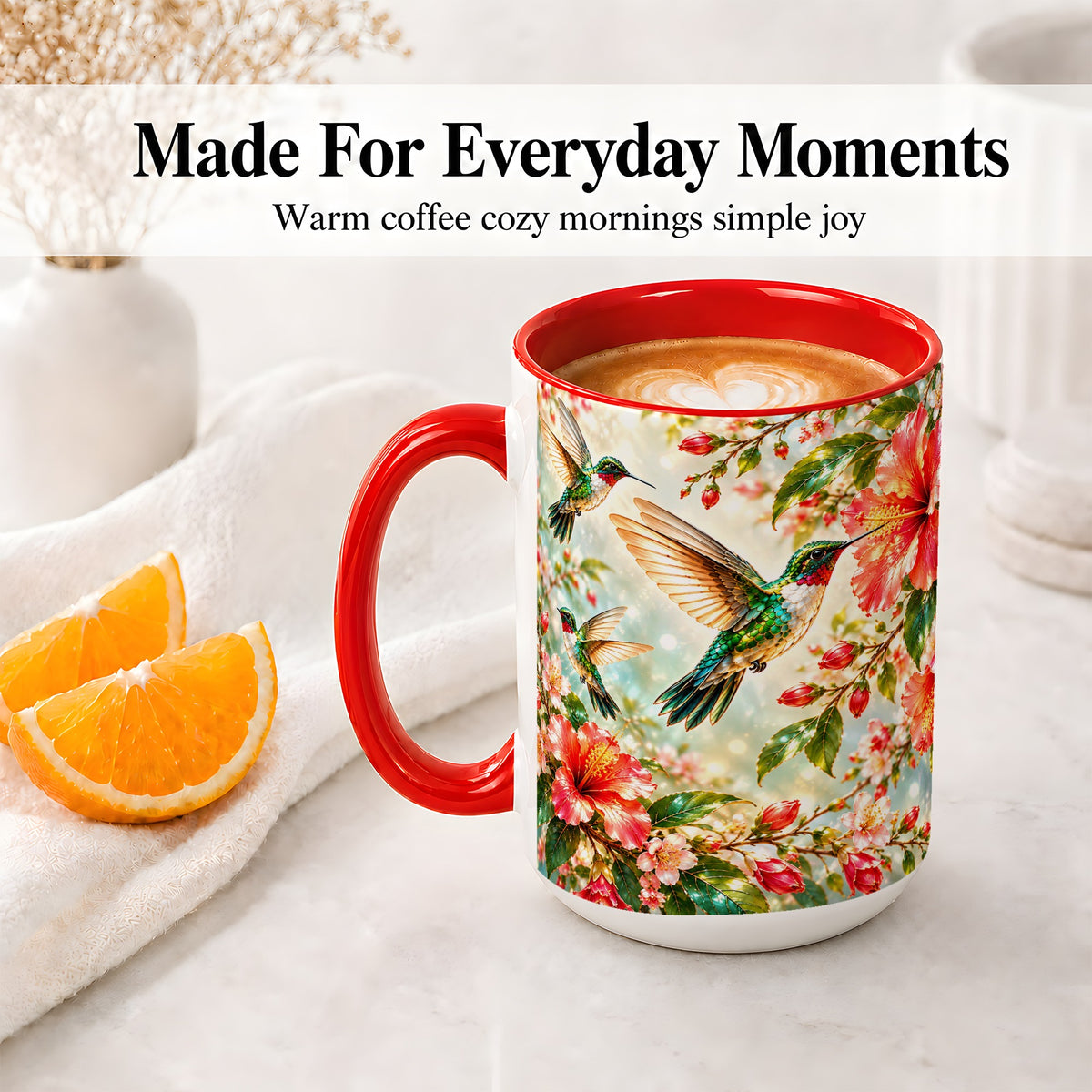 #pl[15oz|Red] Hummingbird Hibiscus Floral Ceramic Mug for Bird Lovers