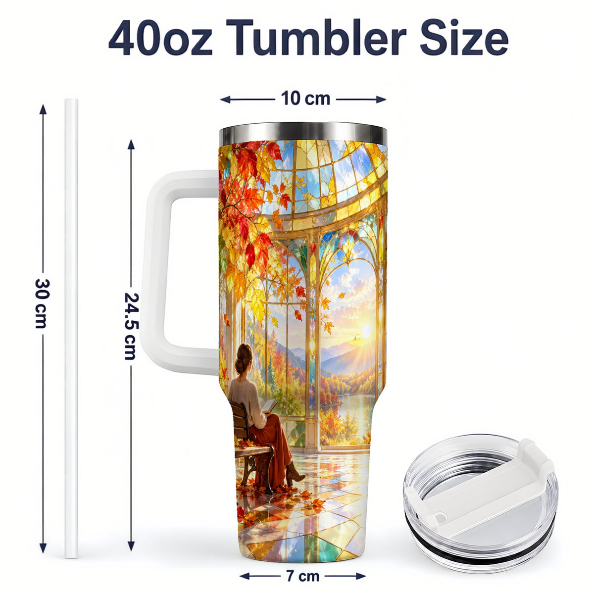 #pl[40oz|White] Autumn Reading Scene 40oz Tumbler, Stainless Steel Fall Drinkware