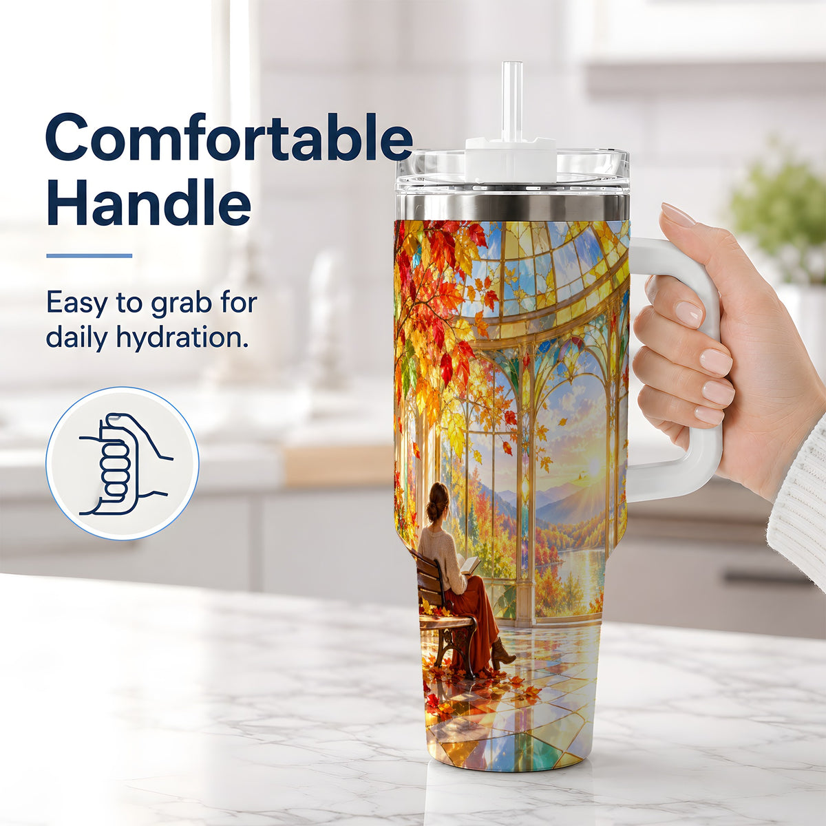 #pl[40oz|White] Autumn Reading Scene 40oz Tumbler, Stainless Steel Fall Drinkware