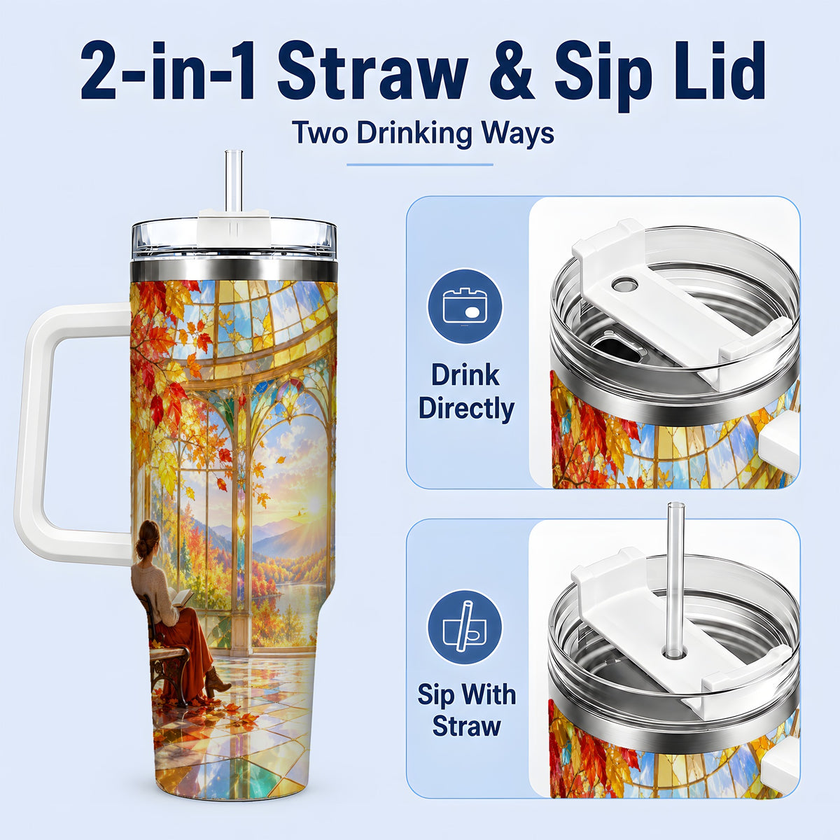 #pl[40oz|White] Autumn Reading Scene 40oz Tumbler, Stainless Steel Fall Drinkware