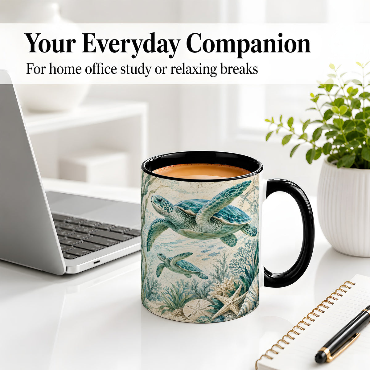 #pl[11oz|Black] Sea Turtle Coastal Ceramic Mug, Ocean Wildlife Artwork