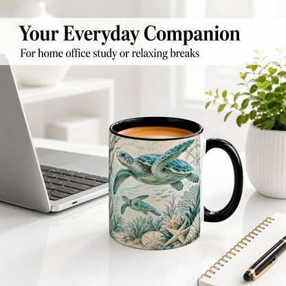 #pl[11oz|Black] Sea Turtle Coastal Ceramic Mug, Ocean Wildlife Artwork