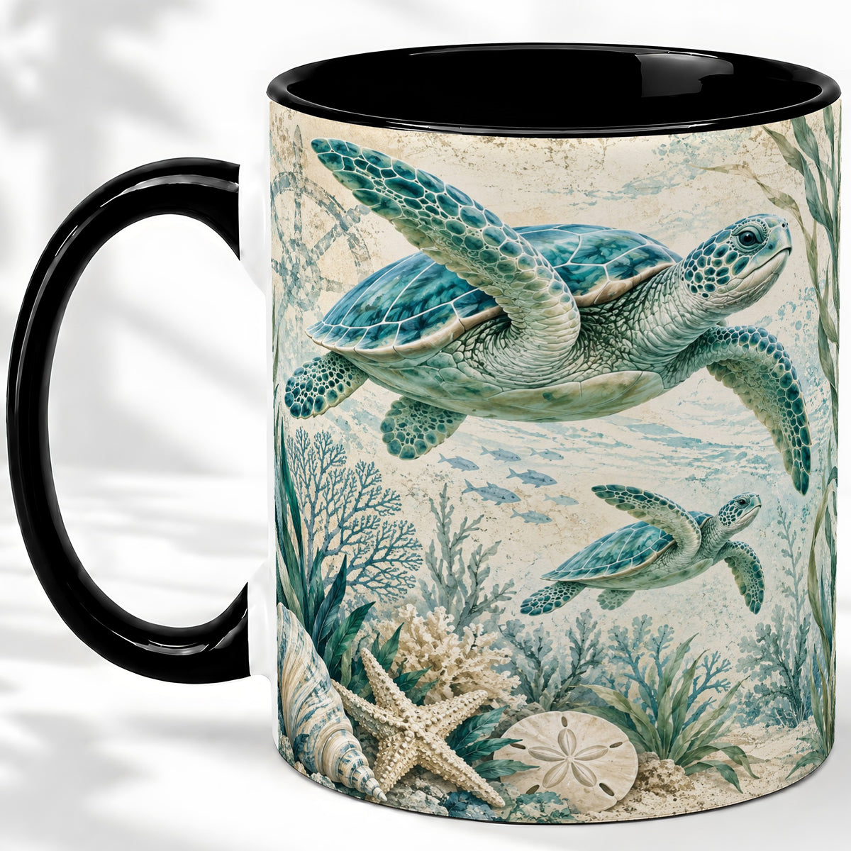 #pl[11oz|Black] Sea Turtle Coastal Ceramic Mug, Ocean Wildlife Artwork