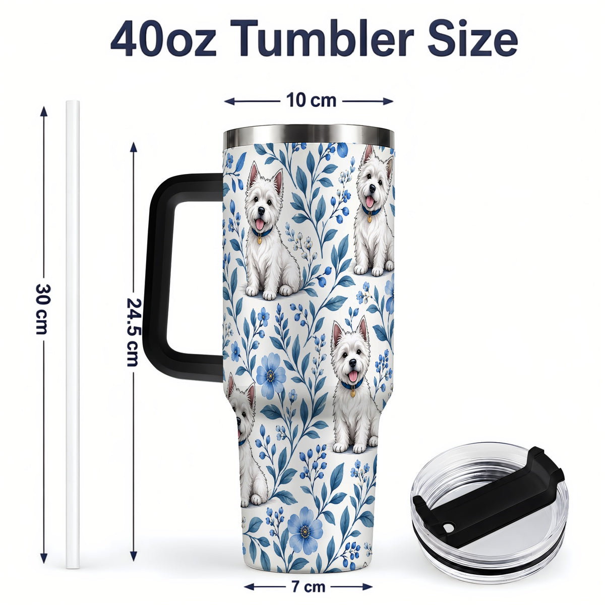 #pl[40oz|Black] White Terrier Blue Floral 40oz Tumbler with Botanical Dog Artwork