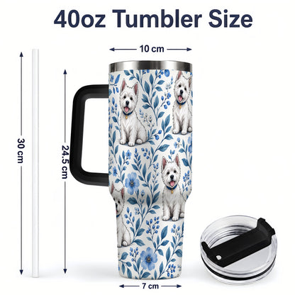 #pl[40oz|Black] White Terrier Blue Floral 40oz Tumbler with Botanical Dog Artwork