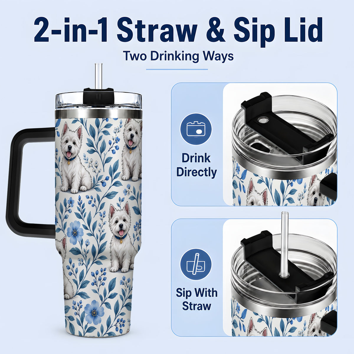 #pl[40oz|Black] White Terrier Blue Floral 40oz Tumbler with Botanical Dog Artwork