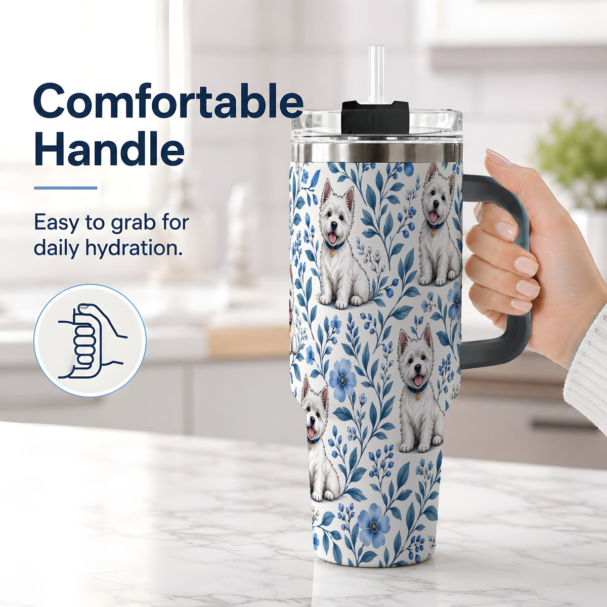 #pl[40oz|Black] White Terrier Blue Floral 40oz Tumbler with Botanical Dog Artwork