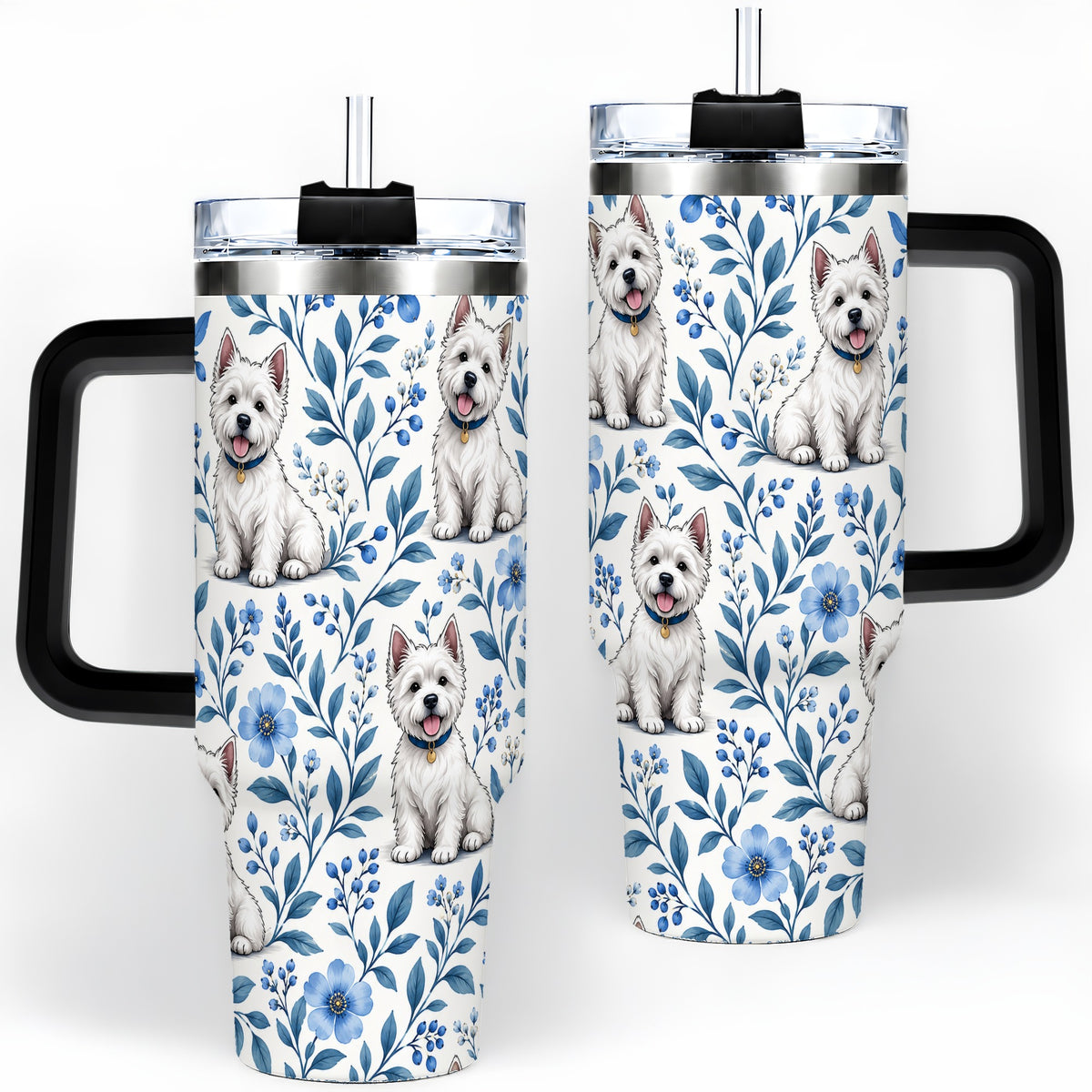 #pl[40oz|Black] White Terrier Blue Floral 40oz Tumbler with Botanical Dog Artwork