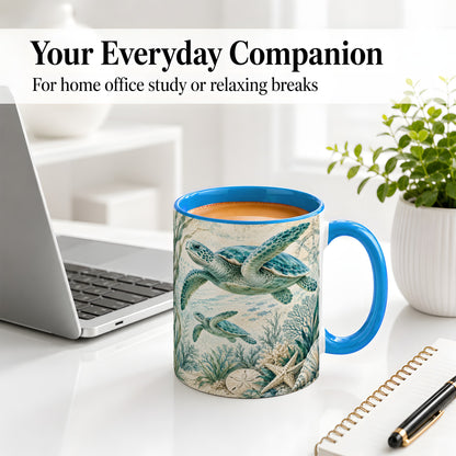 #pl[11oz|Blue] Sea Turtle Coastal Ceramic Mug, Ocean Wildlife Artwork