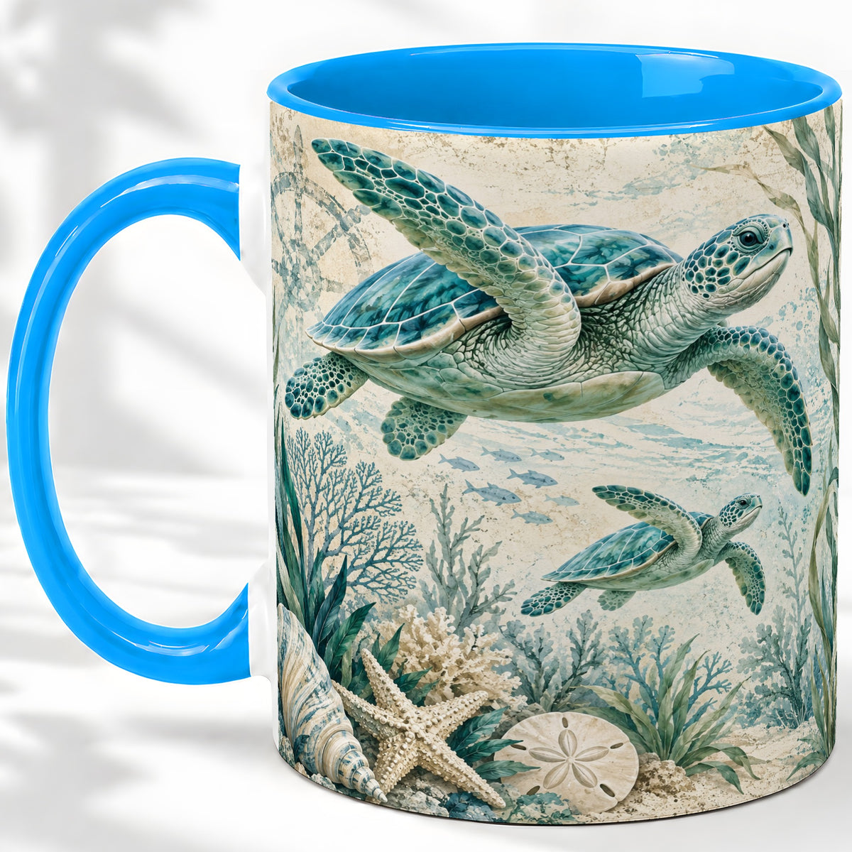 #pl[11oz|Blue] Sea Turtle Coastal Ceramic Mug, Ocean Wildlife Artwork