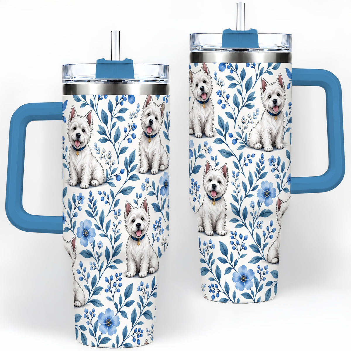 #pl[40oz|Blue] White Terrier Blue Floral 40oz Tumbler with Botanical Dog Artwork