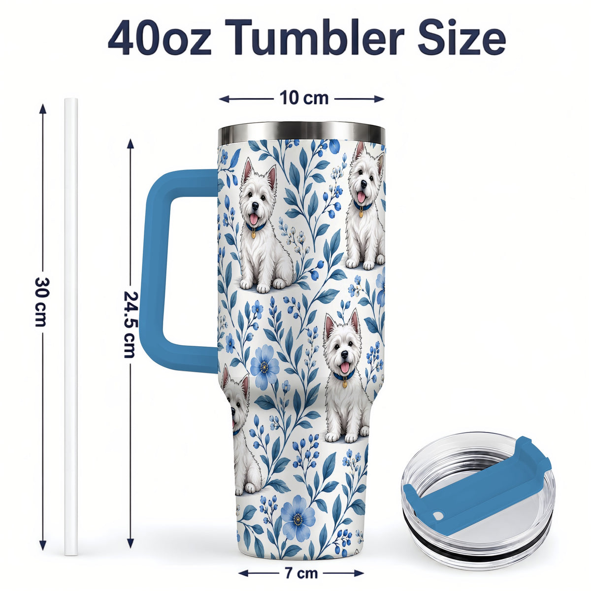 #pl[40oz|Blue] White Terrier Blue Floral 40oz Tumbler with Botanical Dog Artwork