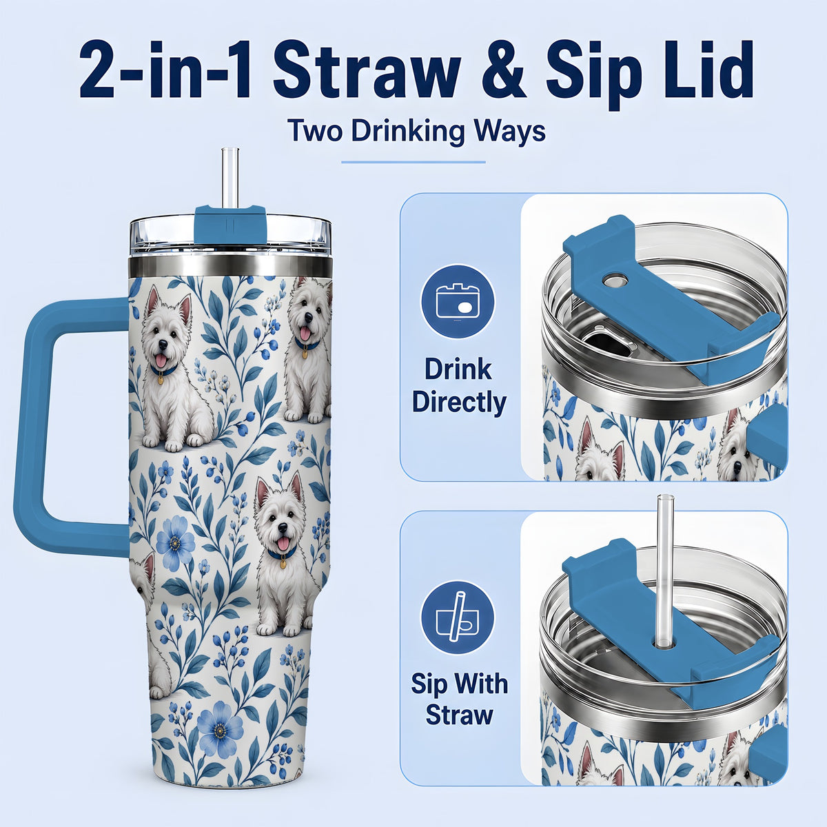 #pl[40oz|Blue] White Terrier Blue Floral 40oz Tumbler with Botanical Dog Artwork