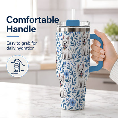 #pl[40oz|Blue] White Terrier Blue Floral 40oz Tumbler with Botanical Dog Artwork