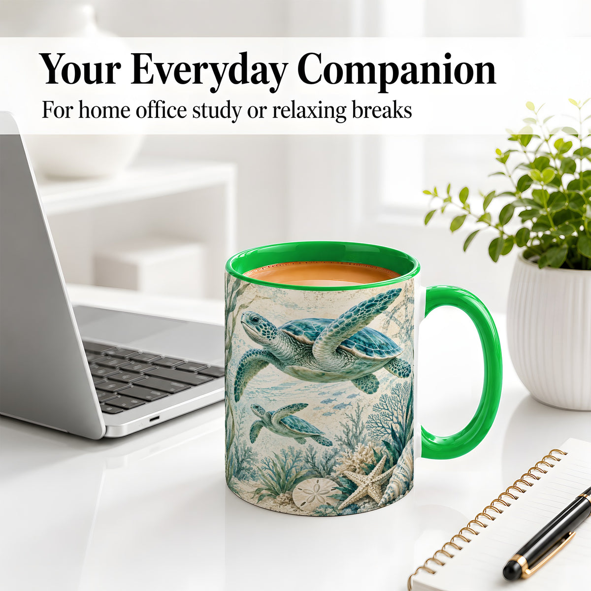 #pl[11oz|Green] Sea Turtle Coastal Ceramic Mug, Ocean Wildlife Artwork