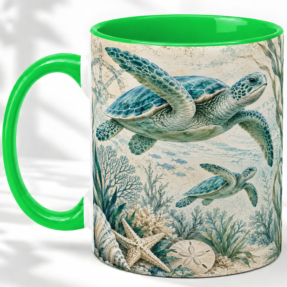#pl[11oz|Green] Sea Turtle Coastal Ceramic Mug, Ocean Wildlife Artwork