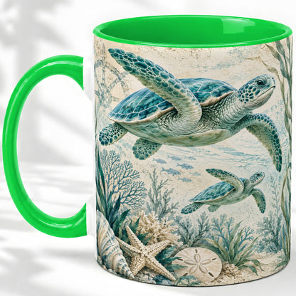 #pl[11oz|Green] Sea Turtle Coastal Ceramic Mug, Ocean Wildlife Artwork