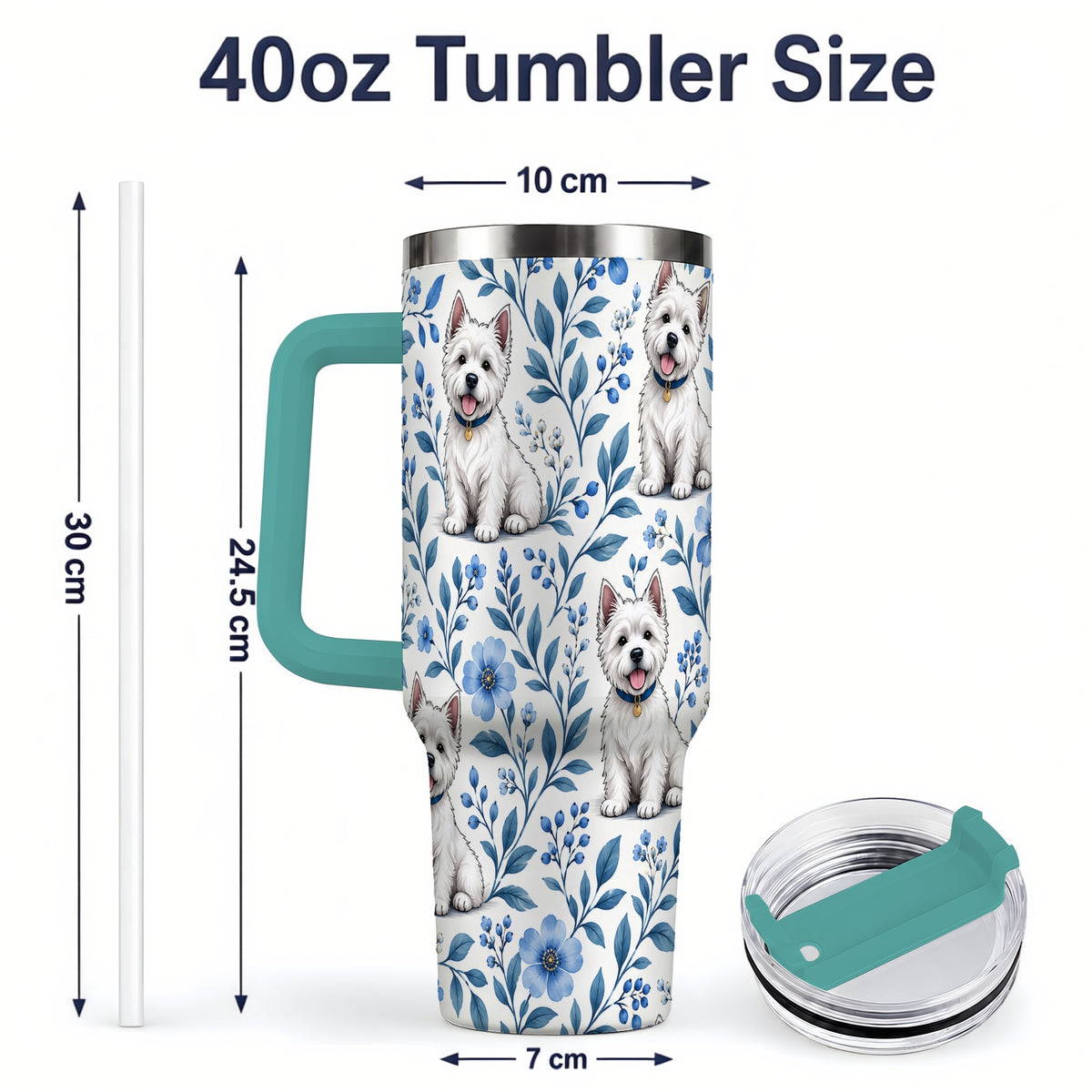 #pl[40oz|Green] White Terrier Blue Floral 40oz Tumbler with Botanical Dog Artwork