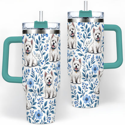 #pl[40oz|Green] White Terrier Blue Floral 40oz Tumbler with Botanical Dog Artwork