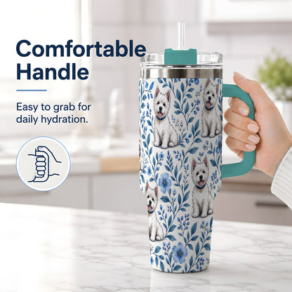 #pl[40oz|Green] White Terrier Blue Floral 40oz Tumbler with Botanical Dog Artwork