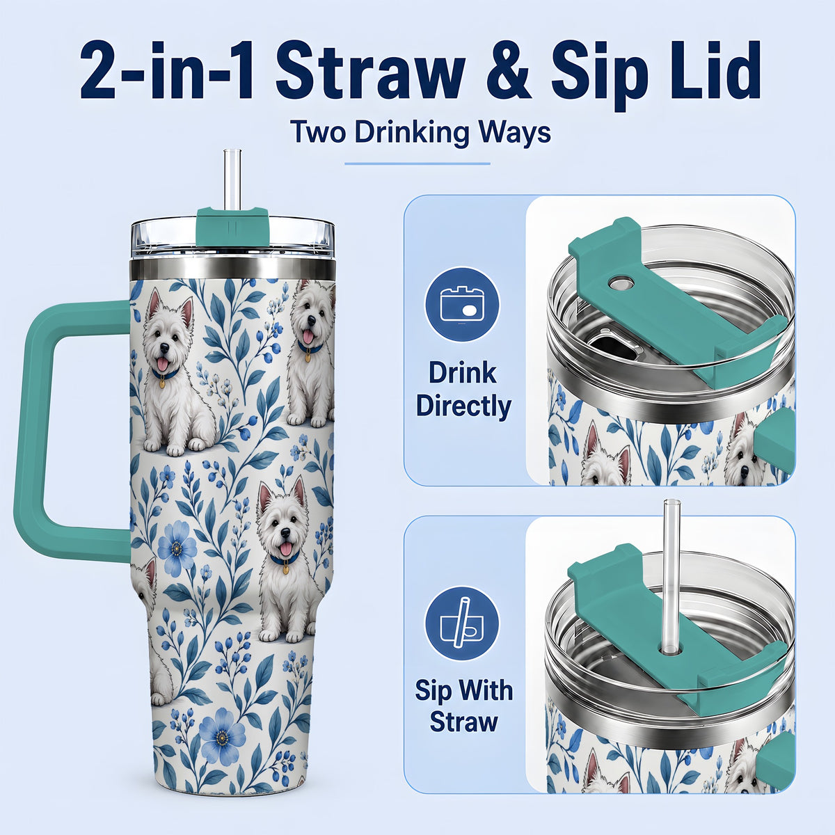 #pl[40oz|Green] White Terrier Blue Floral 40oz Tumbler with Botanical Dog Artwork