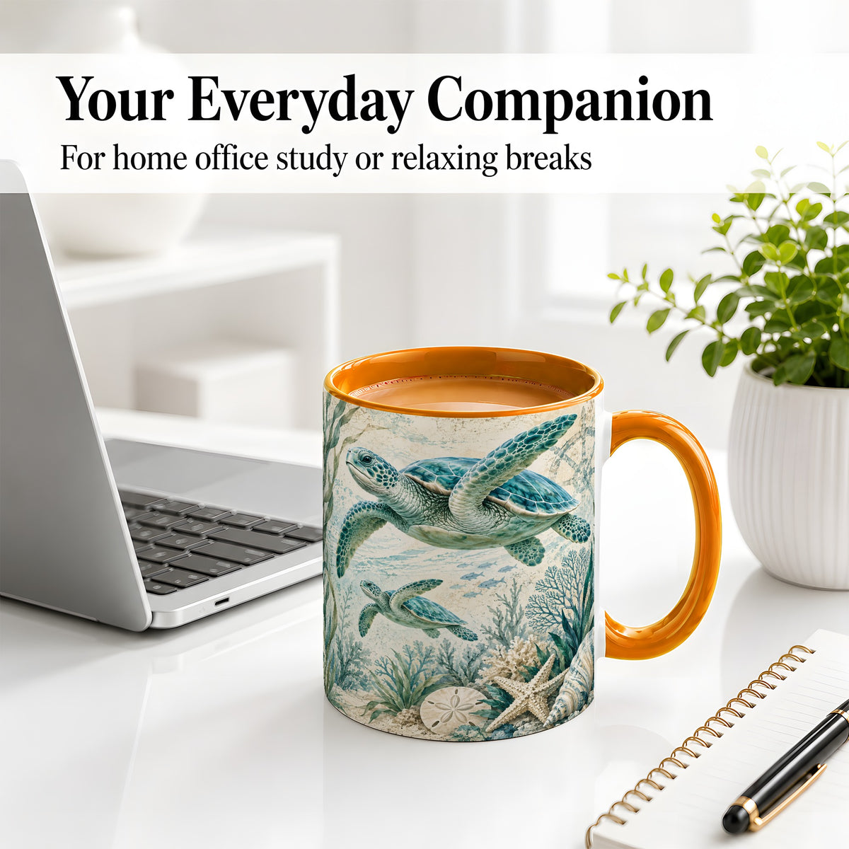 #pl[11oz|Orange] Sea Turtle Coastal Ceramic Mug, Ocean Wildlife Artwork
