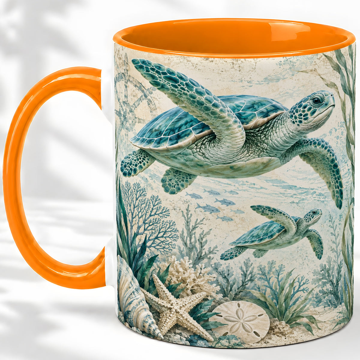 #pl[11oz|Orange] Sea Turtle Coastal Ceramic Mug, Ocean Wildlife Artwork