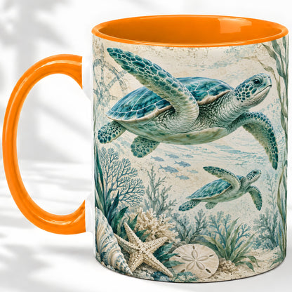 #pl[11oz|Orange] Sea Turtle Coastal Ceramic Mug, Ocean Wildlife Artwork