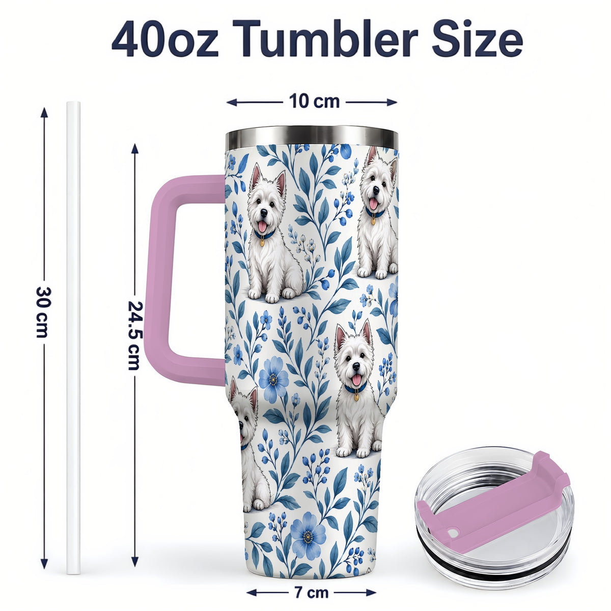 #pl[40oz|Pink] White Terrier Blue Floral 40oz Tumbler with Botanical Dog Artwork