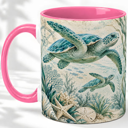 #pl[11oz|Pink] Sea Turtle Coastal Ceramic Mug, Ocean Wildlife Artwork