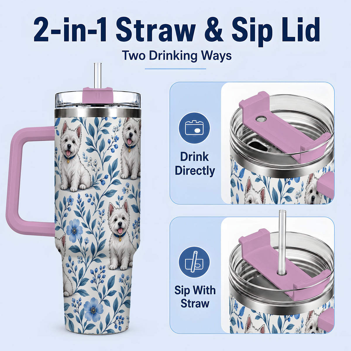 #pl[40oz|Pink] White Terrier Blue Floral 40oz Tumbler with Botanical Dog Artwork