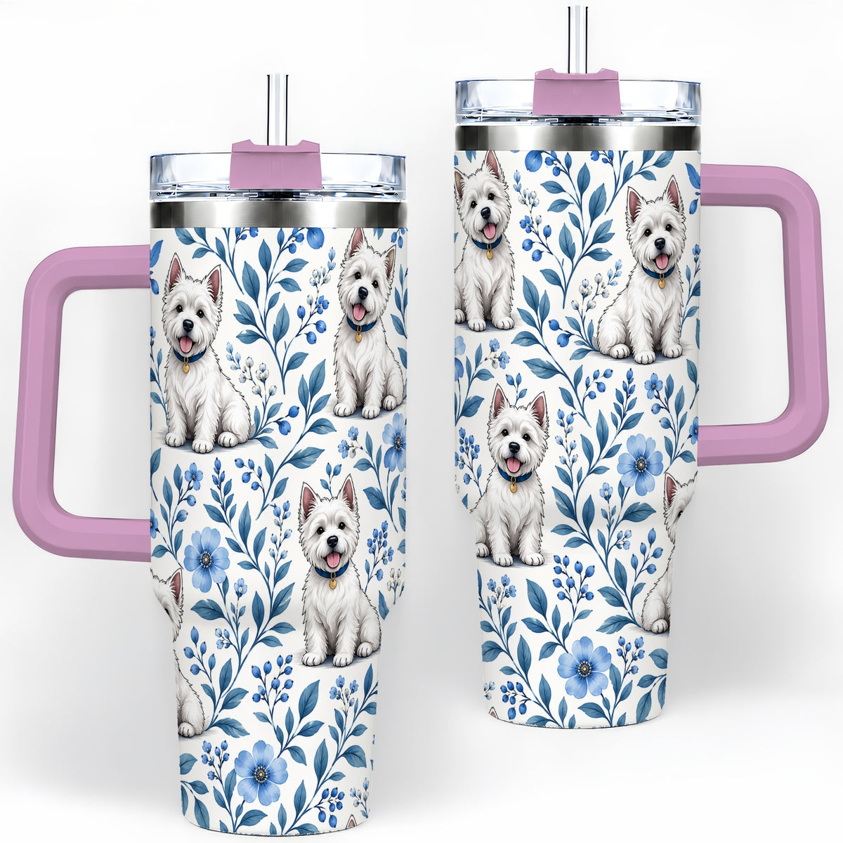 #pl[40oz|Pink] White Terrier Blue Floral 40oz Tumbler with Botanical Dog Artwork