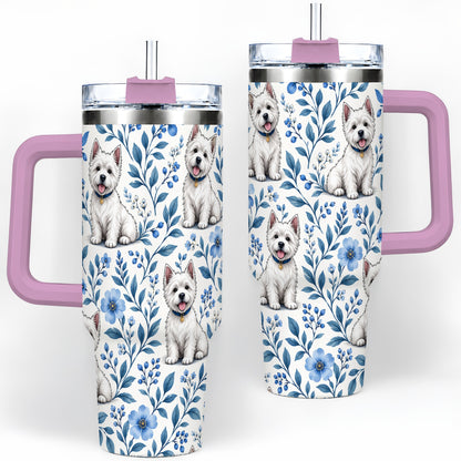 #pl[40oz|Pink] White Terrier Blue Floral 40oz Tumbler with Botanical Dog Artwork